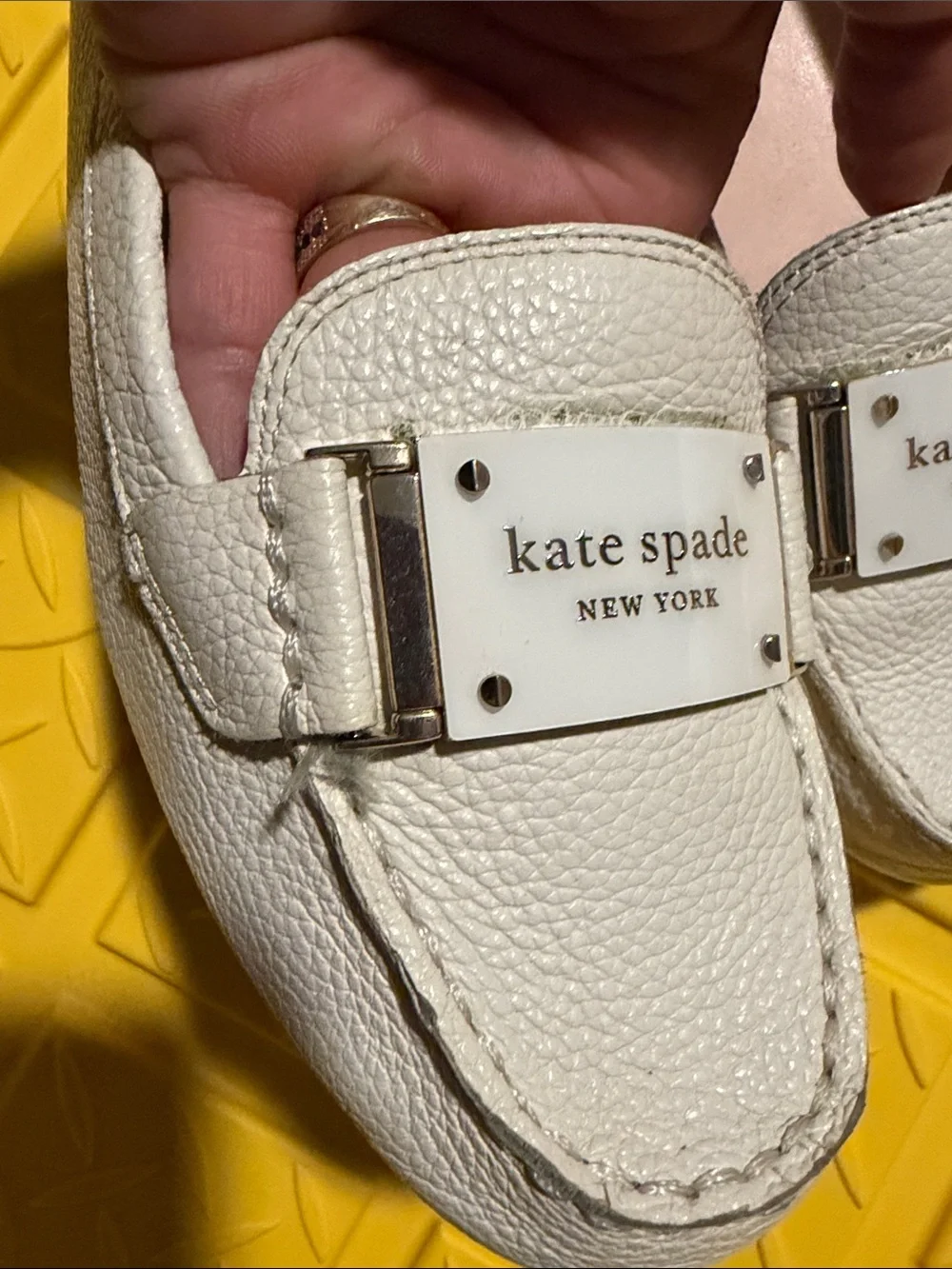 kate spade white leather loafers with logo plaque
